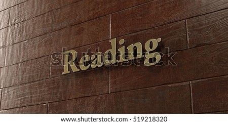 Reading - Bronze plaque mounted on maple wood wall  - 3D rendered royalty free stock picture. This image can be used for an online website banner ad or a print postcard.