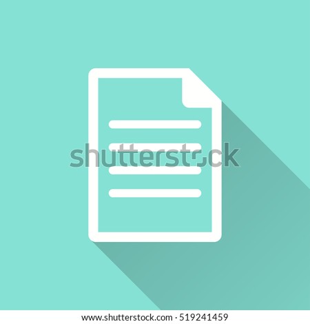 Document vector icon with long shadow. White illustration isolated on green background for graphic and web design.