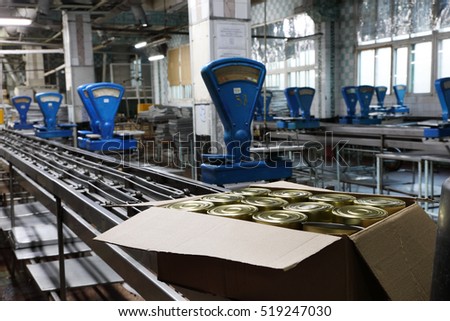 The workshop production of fish products with the old blue scales at the cannery
 Royalty-Free Stock Photo #519247030