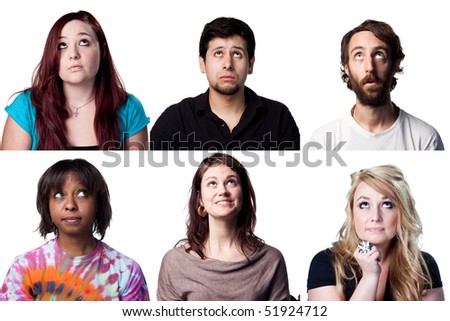 Six people looking to the sky, full size collage Royalty-Free Stock Photo #51924712