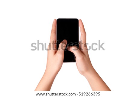 asian woman holding mobile phone with both hands isolation on white background Royalty-Free Stock Photo #519266395