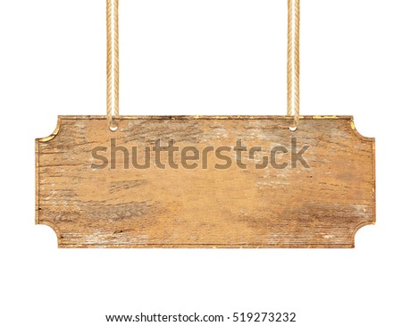 empty wooden sign hanging on a rope on white background