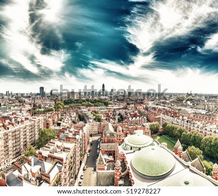 London. Sunset skyline view from Westminster Cathedral.