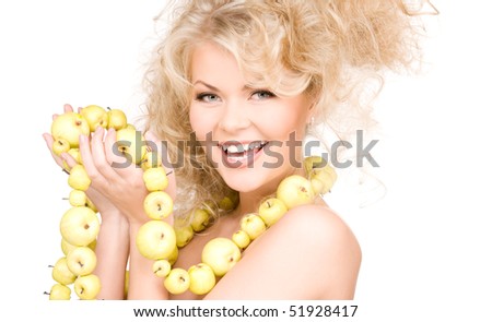 picture of happy woman with green apples over white