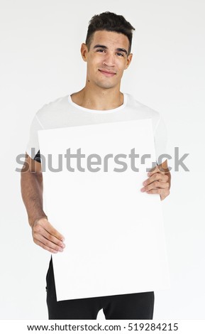 Male Holding White Blank Placard Concept