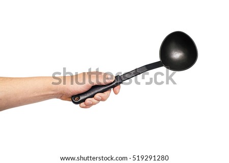 black plastic kitchen ladle in hand, Soup ladle isolated on white background,