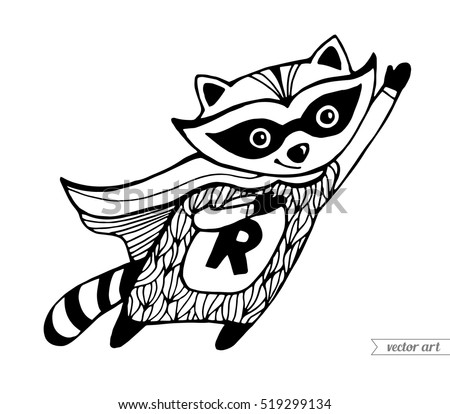Raccoon isolated. Flying superhero cartoon. Funny character. Vector. Black and white. Coloring book pages for adult, kids. Zentangle artwork. Illustration, gift greeting card, branding, logo, emblem