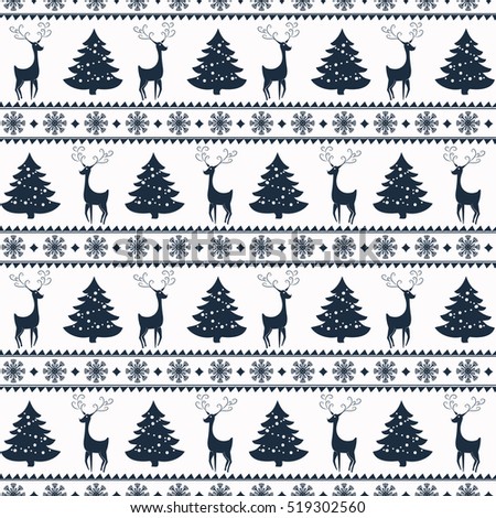 Merry Christmas and Happy New Year! Colorful vector seamless pattern with deers, pine trees and snowflakes for winter holidays design.