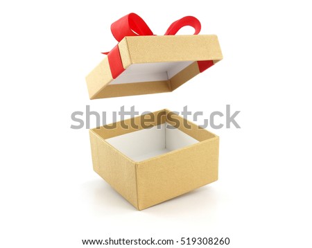 open and empty golden gift box with red ribbon bow isolated on white background Royalty-Free Stock Photo #519308260