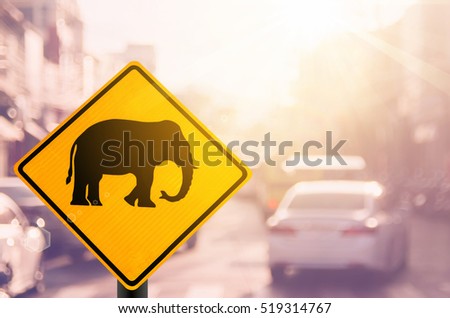 Elephant warning sign on blur traffic road with colorful bokeh light abstract background. Copy space of transportation and travel concept. Retro tone filter color style.