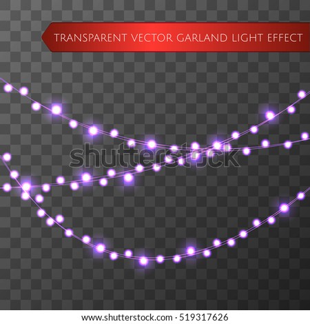 Purple christmas lights isolated realistic design elements. Glowing lights for Xmas Holiday greeting card design. Garlands, Christmas party decorations.  Beautiful light background. Vector  