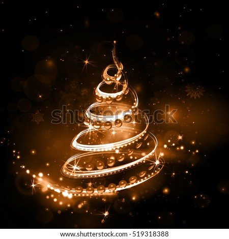 Christmas tree on night holiday background in yellow shades with glitter, shiny and bright explosion. Night sky with stars and fireworks in vector. Yellow explosion.