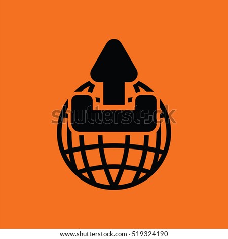 Globe with upload symbol icon. Orange background with black. Vector illustration.