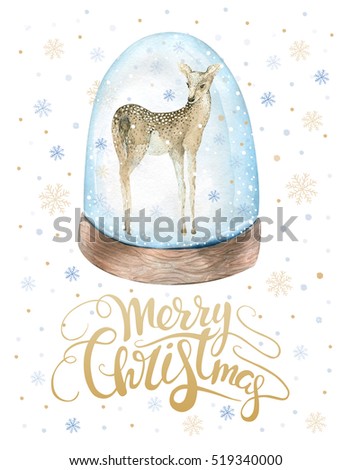  Merry Christmas watercolor lettering with watercolour fun baby deer.