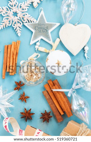 Blue, gold and white christmas - styled christmas composition flat lay style