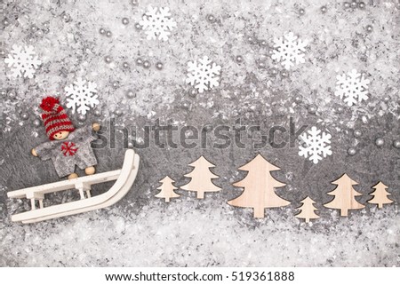 Christmas greeting card. Noel festive background. New year symbol. Children playing theme.