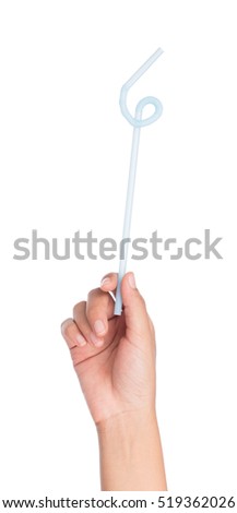 hand holding drinking straw isolated on white background.