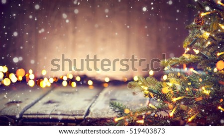 Christmas Holiday Background, Christmas table background with decorated Christmas tree and garlands. Beautiful Empty Christmas room. New Year Frame for your text