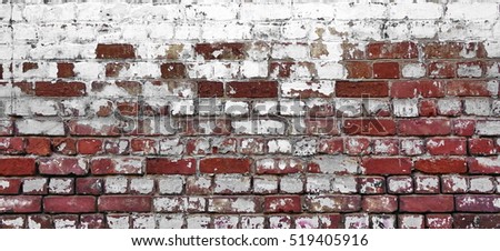 Empty Old Brick Wall Texture. Painted Distressed Wall Surface. Grungy Wide Brickwall. Grunge Red Stonewall Background. Shabby Building Facade With Damaged Plaster.  Abstract Web Banner. Copy Space.