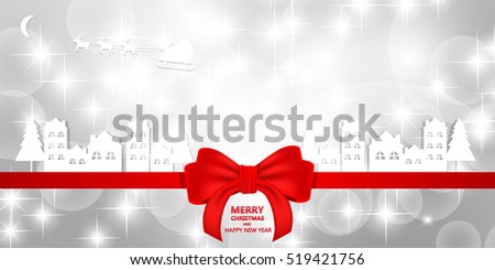Christmas background with red bow ribbon and snowflakes bokeh background