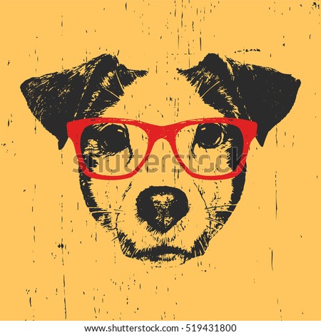 Portrait of Jack Russell with glasses. Hand-drawn illustration. T-shirt design. Vector