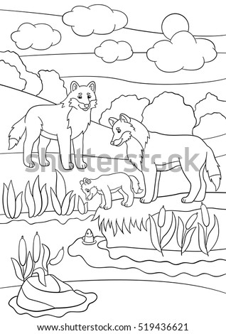Coloring pages. Mother and father wolves look at their little cute baby.