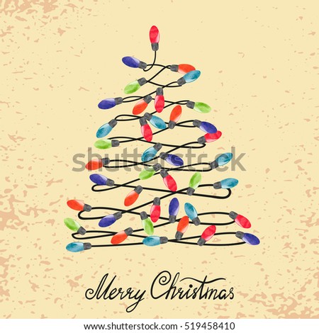 Christmas tree made of watercolor light bulbs. Vintage Merry Christmas and New Year greeting card design. Vector illustration.