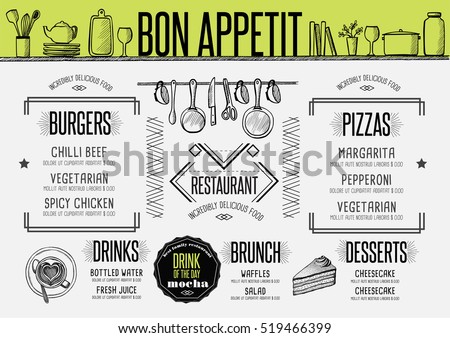 Placemat menu restaurant food brochure, cafe template design. Creative vintage brunch flyer with hand-drawn graphic.  Royalty-Free Stock Photo #519466399