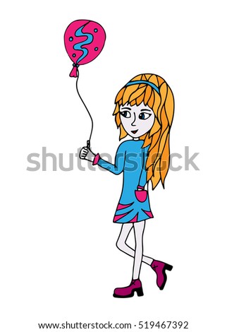 A young girl in blue dress holds a balloon in hands. For coloring book, magazine and other.