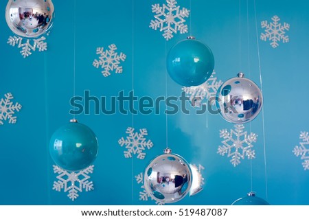christmas card with christmas decoration on blue background