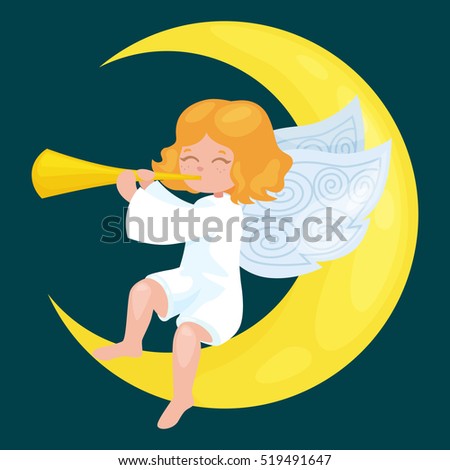 christmas holiday flying angel with wings and golden trumpet on the moon like symbol in Christian religion or new year vector illustration