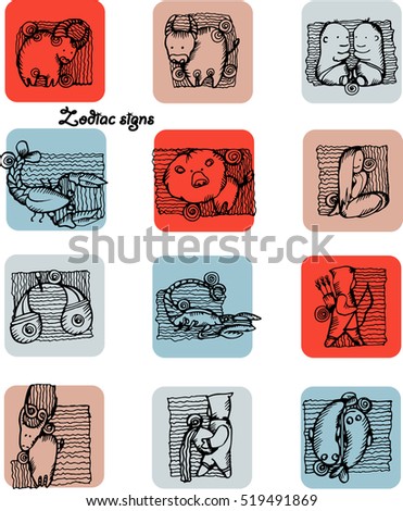 Set of doodle style zodiac signs. Funny Horoscope. Vector hand drawing  illustration of sketch style. Zodiacs logo.
