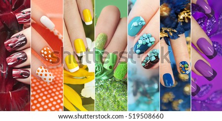 Colorful rainbow collection of nail designs for summer and winter  Royalty-Free Stock Photo #519508660