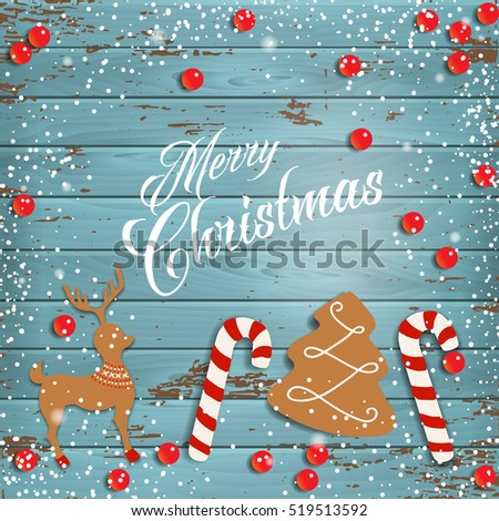 Christmas background with cardboard celebratory candy, reindeer, Christmas tree, snowflakes and beads. Vector