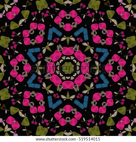 Seamless decorative pattern with fruits, bright spring or summer fabric scribble kaleidoscopic design