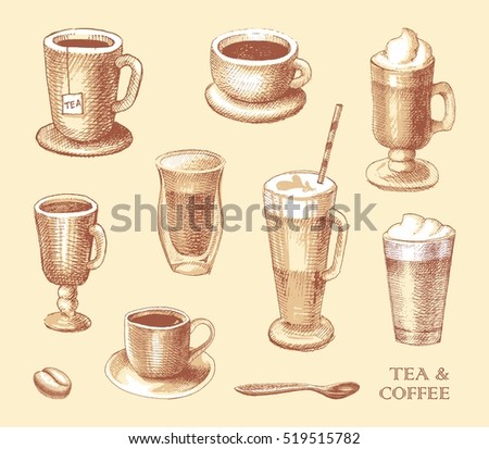 Set of coffe and tea mugs vector drawing sketch style