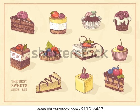 Sketches of scrumptious cupcakes, berry pie and chocolate tiered cake, decorated by butter cream, fresh strawberries and cherries