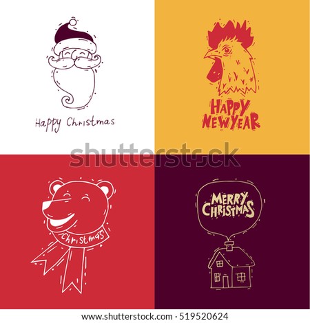 Merry Christmas and happy New Year. Hand drawn vintage style. Postcard, printed matter, greeting card, badges, stickers, website design, labels, internet marketing. Flat design vector illustration.