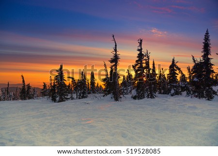 Fantastic sunset on the top of the mountain. Beautiful wintry landscape in Siberia. Bright colors of a winter sunset. Colorful sky and cold weather in forest.