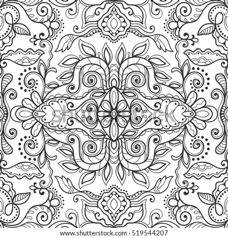 Hand drawn abstract seamless floral pattern. Adult coloring book page, textile and tattoo design. Vector sketch background illustration. Zendoodle black and white pattern with endless texture 