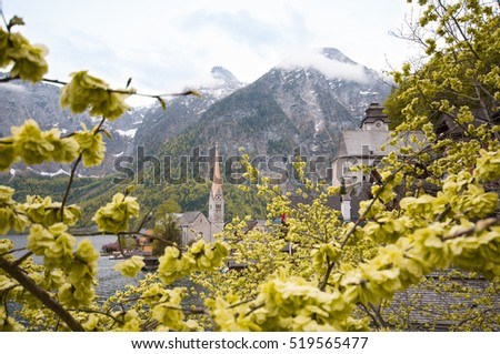 Scenic picture-postcard view of famous Hallstatt mountain village with Hallstaetter See in the Austrian Alps, region of Salzkammergut, Austria