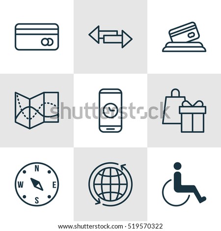 Set Of 9 Traveling Icons. Can Be Used For Web, Mobile, UI And Infographic Design. Includes Elements Such As Phone, Crossroad, Credit And More.