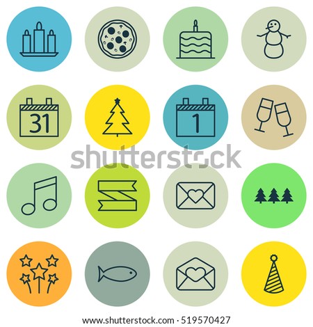 Set Of 16 Christmas Icons. Can Be Used For Web, Mobile, UI And Infographic Design. Includes Elements Such As Musical, Banner, Xmas And More.