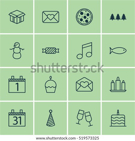 Set Of 16 New Year Icons. Can Be Used For Web, Mobile, UI And Infographic Design. Includes Elements Such As Cupcake, Schedule, Tree And More.