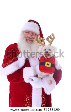 Santa Claus smiles as he holds a Smiling Bichon Frise dog. Isolated on white with room for your text.