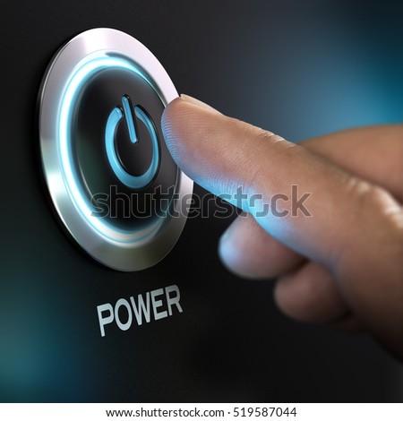 Finger about to press power button on a computer. Composite between an image and a 3D background Royalty-Free Stock Photo #519587044