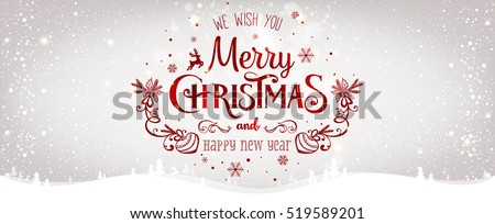 Christmas and New Year Typographical on shiny Xmas background with winter landscape with snowflakes, light, stars. Merry Christmas card. Vector Illustration Royalty-Free Stock Photo #519589201