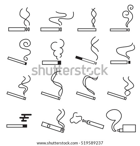Cigarette icons. Collection of tobacco smoking and vaping line symbols isolated on a white background. Vector illustration