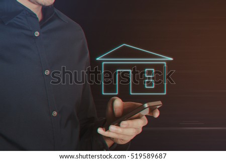 Young Business Man Using Smartphone with Home Icon on Light Motion Background and Lens Flare - Digital 3d Effect Style Color