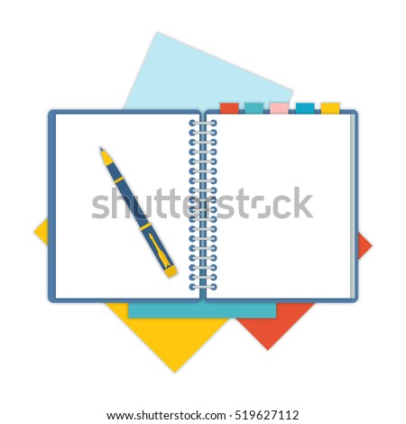 Flat design notepad and paper sheets isolated on white background whit place for text. School vector background with an open notebook. Royalty-Free Stock Photo #519627112